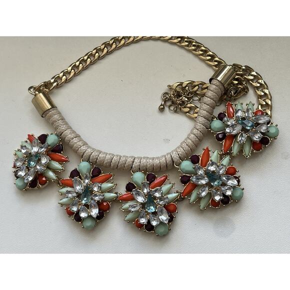 Colorful Jeweled Multicolor Orange Rhinestones Statement Bib Necklace 20” - Picture 6 of 6